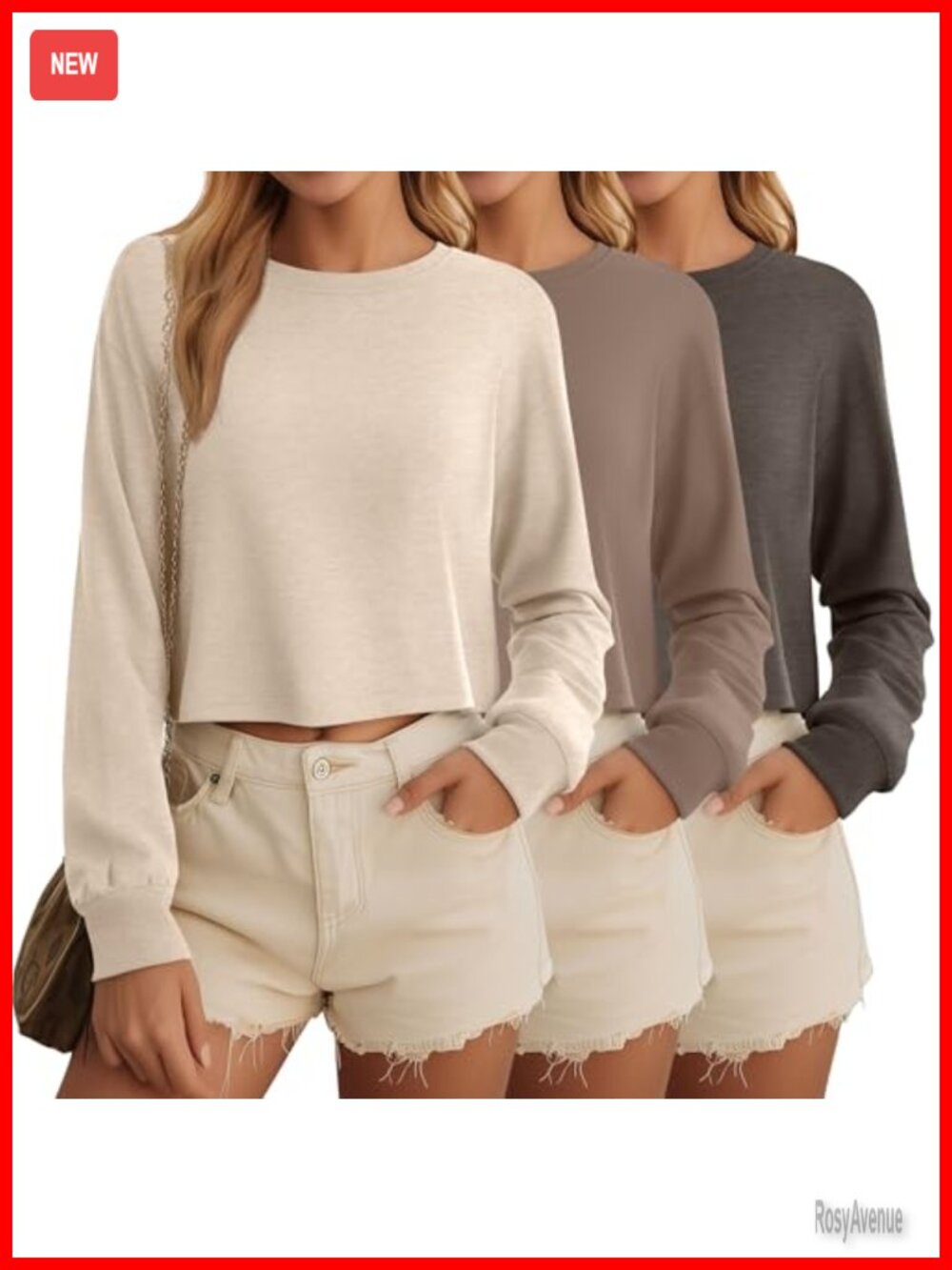3 Pack Long Sleeve Cropped Tops Cotton Spandex Drop Shoulder Crew Neck